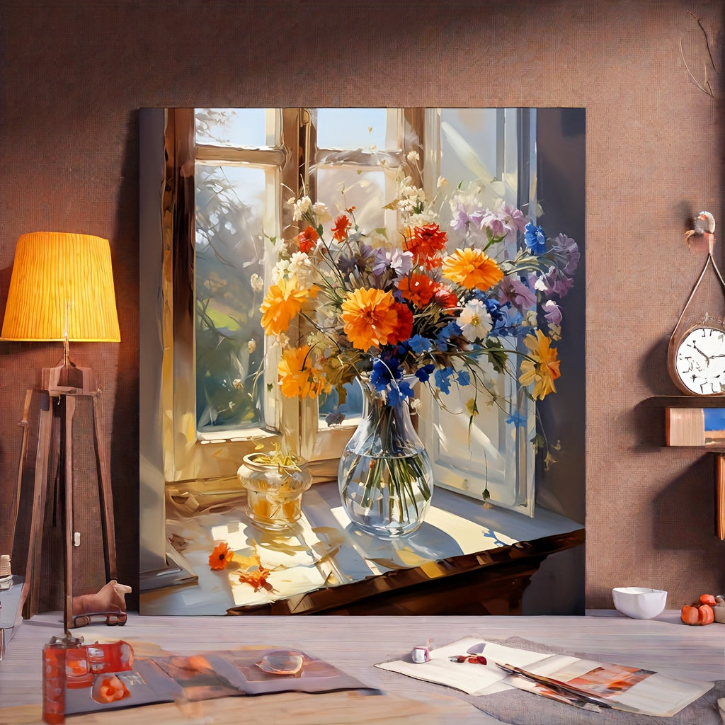 Paint By Numbers Kit For Adults - Still Life Flowers By The Window, 19.7 X 15.7 Inch Canvas, Eco-Friendly Acrylic Paints & Brushes Included (No Frame)