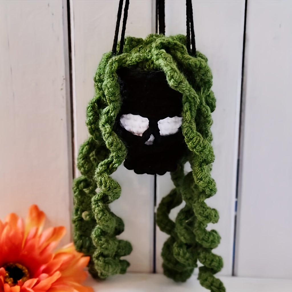 Handmade Crochet Cool Car Rearview Mirror Pendant Halloween Skull Head Hanging Ornament Car Interior Room Decorations Holiday Gift