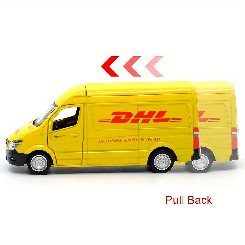 MAKEDA 1:36 Scale DHL Mercedes-Benz Delivery Vehicle Replica, Wind Powered, Weather Resistant, Pull-Back Action, Zinc Alloy Model, Suitable for Ages 3-6, Toy Collection and Gift for Boys