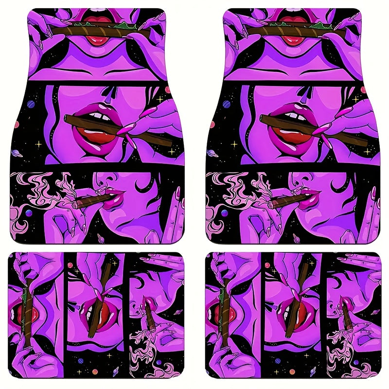 4pcs Cool Girl Pattern Flannel Car Floor Mats, UV Black Gloss Car Floor Mats, Absorbent, Non-Slip Mats, Suitable for Most Car Front and Rear Seat Carpets, Car Interior Protection Decoration