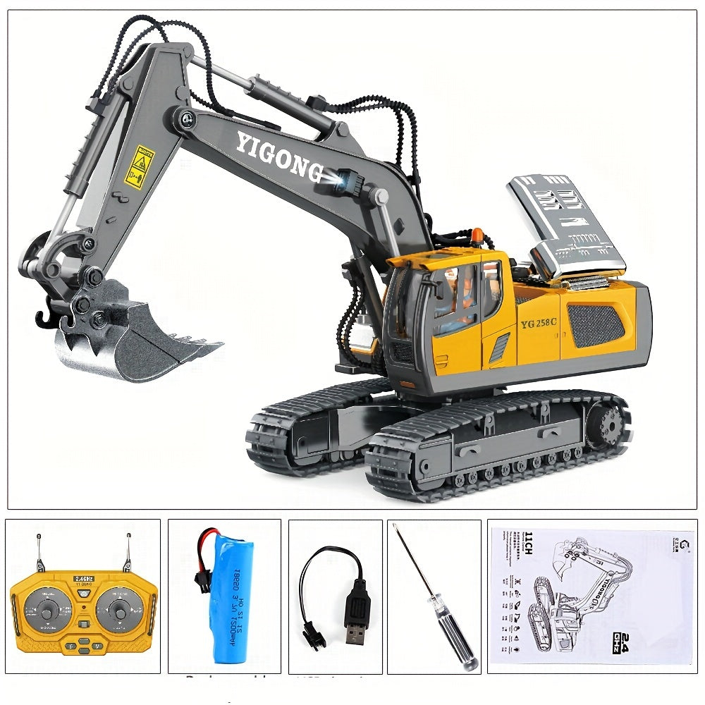 1pc YIGONG 9-Channel Remote Control Excavator Toy - 2.4Ghz Construction Vehicle with Alloy Metal Cap, Lights & Sounds, Rechargeable Battery - Ideal for Boys & Girls, Perfect Halloween, Thanksgiving, Christmas Gift