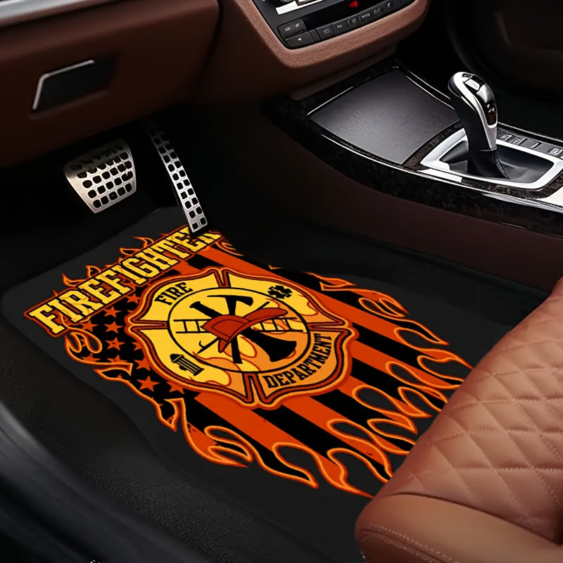 [Firefighter Theme Car Mats] 4pcs Firefighter Theme Printed Universal Car Floor Mats - Suitable for SUV, Truck, Cars | All-Weather Polyester Pads | Ideal Gift, Vehicle Floor Mats