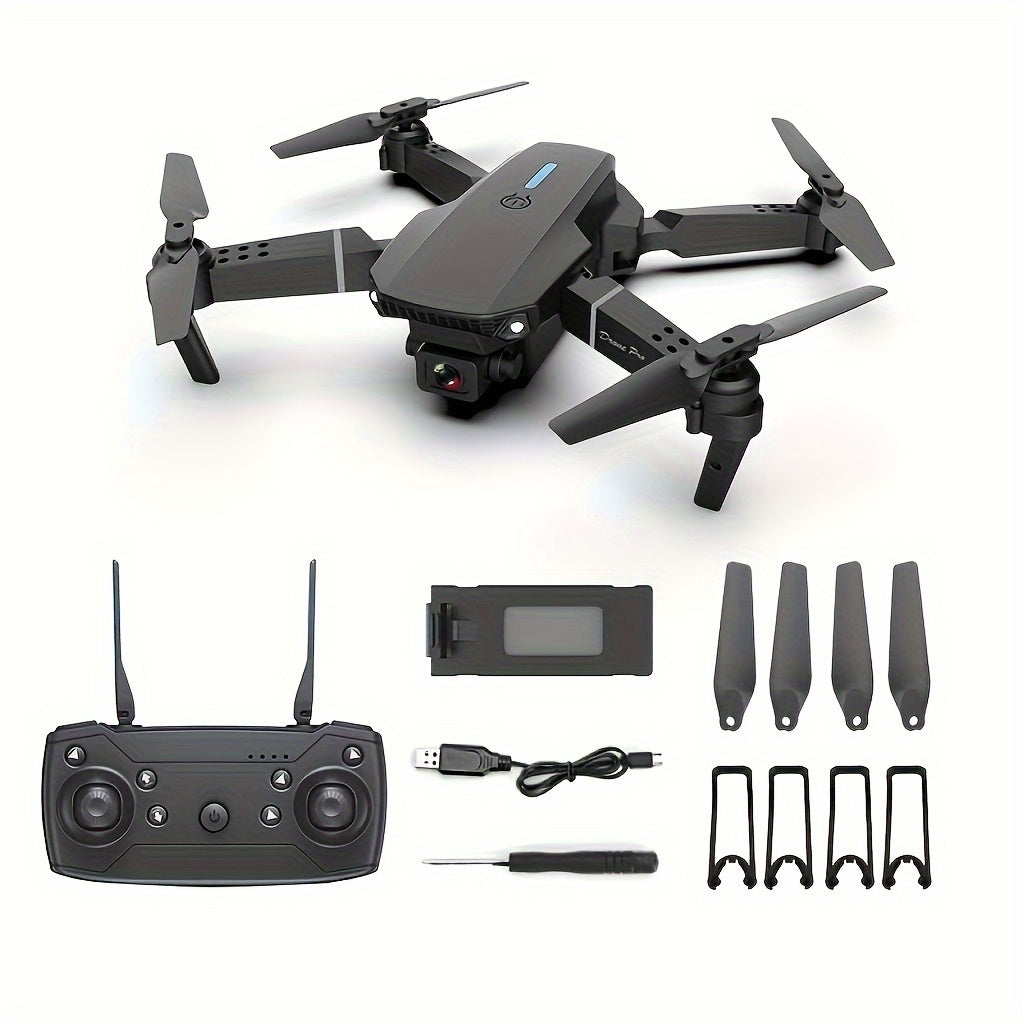 Intelligent aerial drone E88 single camera with dual batteries and replacement blades, equipped with protective frame and quadcopter, wireless connection, mobile phone remote control of unmanned aerial vehicle, aerial camera,