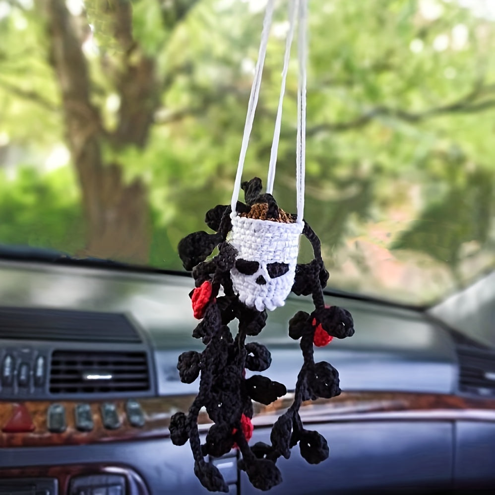 Handmade Crochet Cool Car Rearview Mirror Pendant Halloween Skull Head Hanging Ornament Car Interior Room Decorations Holiday Gift