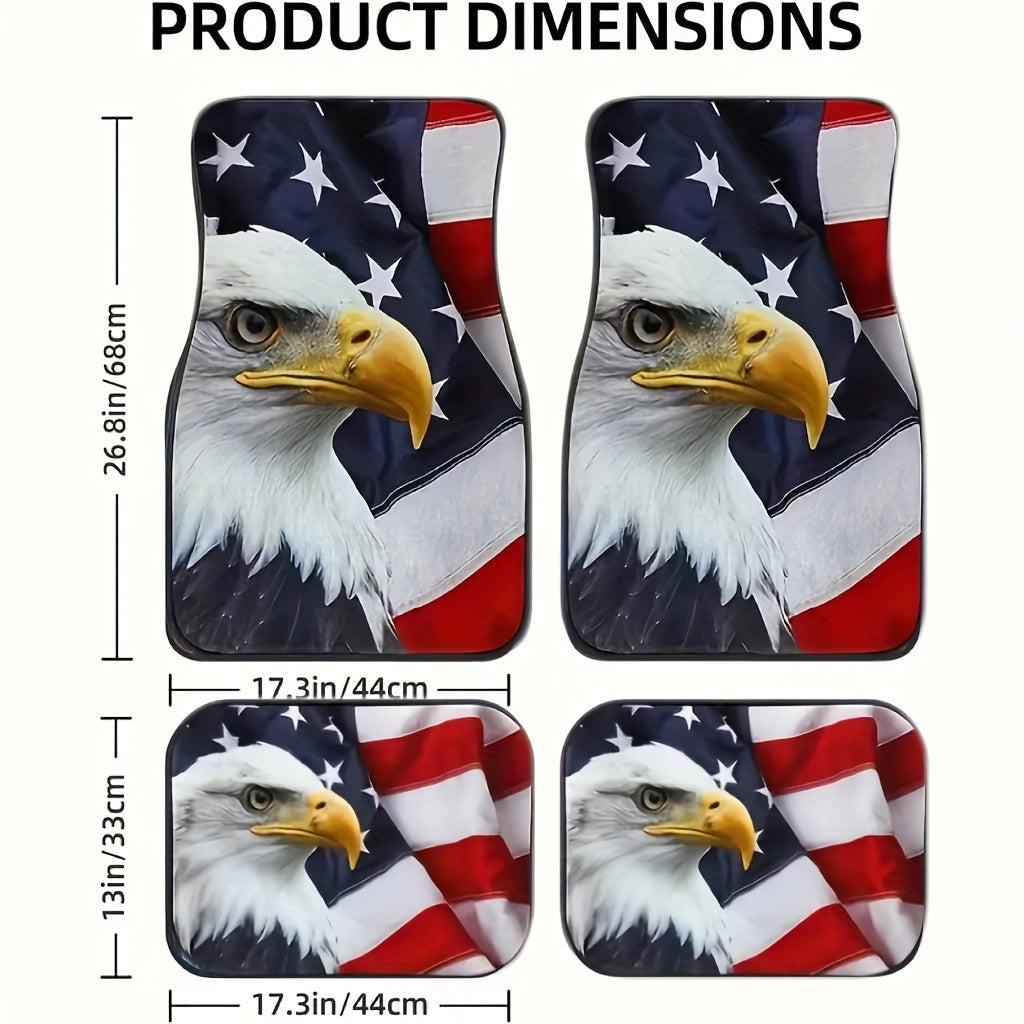 4-Piece Universal Fit Eagle & American Flag Car Floor Mats Set - Durable, Absorbent, Non-Slip, Washable Polyester Mats for Cars, SUVs, Trucks, and Vans - All-Season Protection