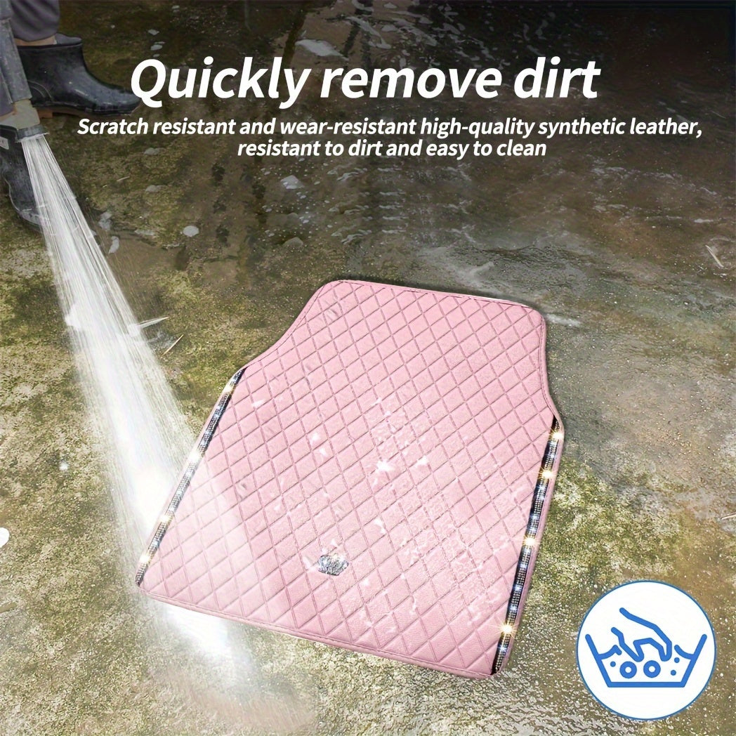 Pink Bling&Premium PU Leather Car Floor Mats Full Set, Sparkly Diamond Car Mats Universal Fit Most Automotive, Such As Automotive SUV, Sedan, Van Etc, Glitter Rhinestone Carpet Waterproof Anti-Slip, Perfect Cute Gift for Wome