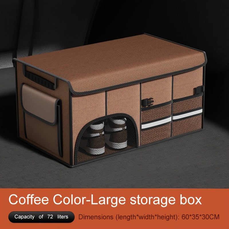 Foldable Car Trunk Organizer with Lid, Large Capacity Multi-Compartment Storage Box for SUV, Fabric Material with Mesh Pockets for Vehicle Cargo Organization