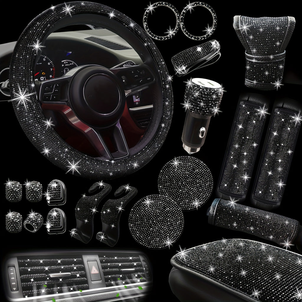30pcs Bling Car Accessories Set for Women, Steering Wheel Covers Universal Fit 15 Inch, Seat Belt Covers, Armrest Cover, Gear Shift Covers