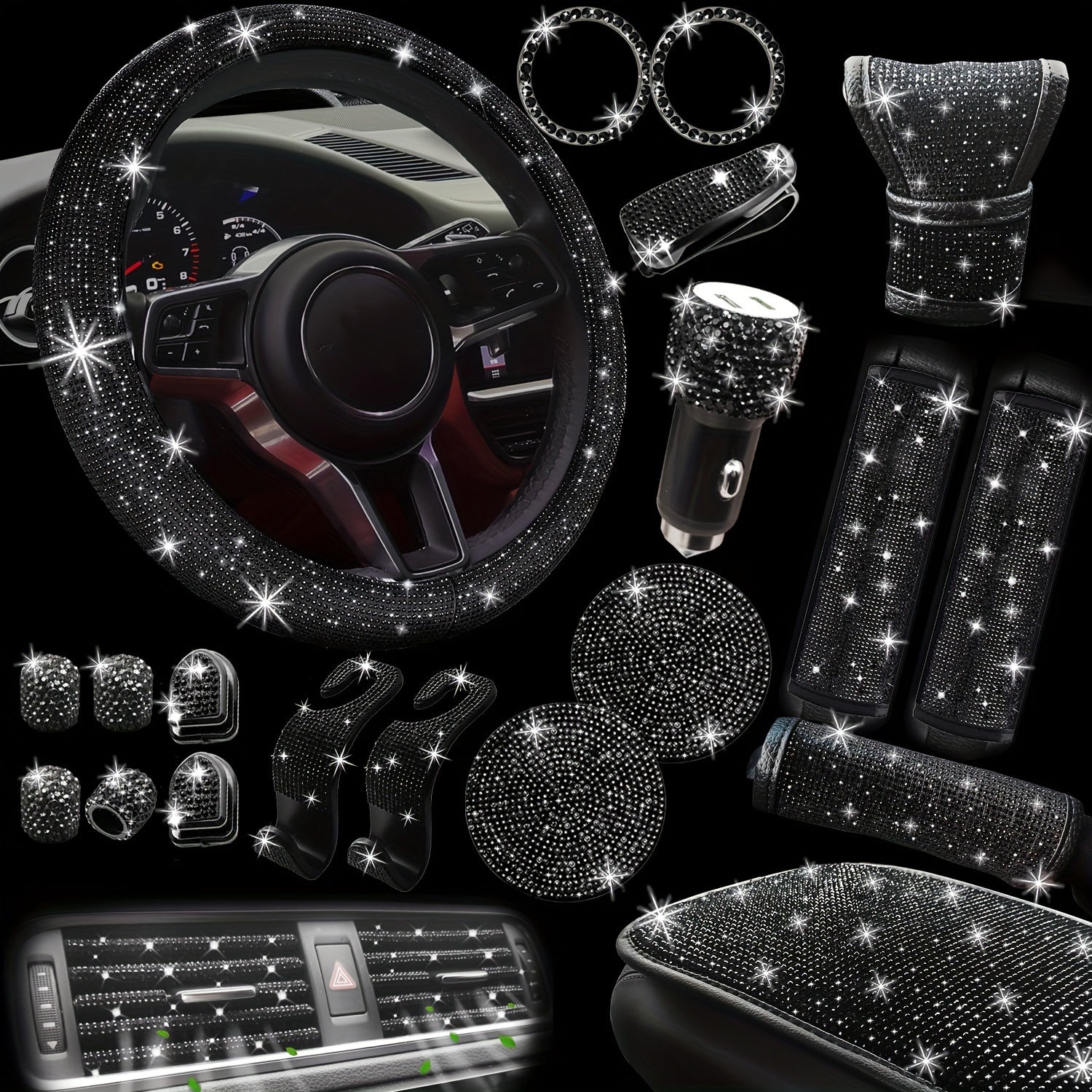 30pcs Bling Car Accessories Set for Women, Steering Wheel Covers Universal Fit 15 Inch, Seat Belt Covers, Armrest Cover, Gear Shift Covers