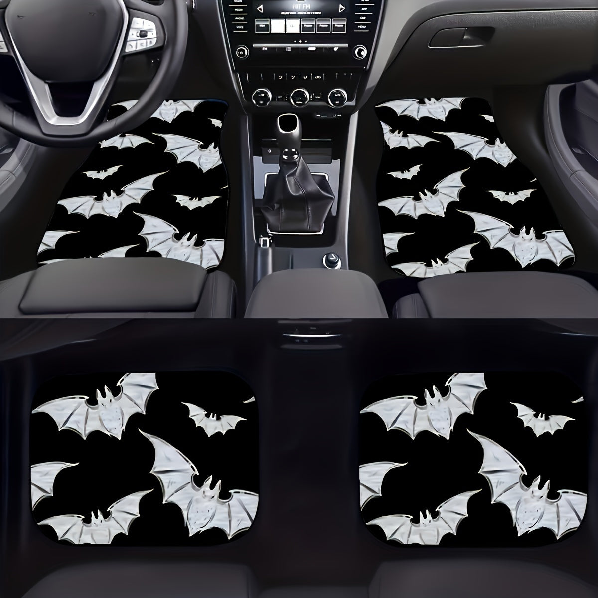 4PCS Durable Polyester Bat Pattern Car Floor Mats Set - Fit for Front & Rear Vehicle Interior Accessories