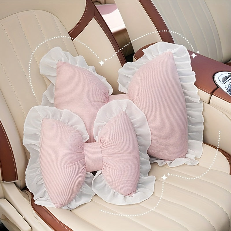 1 Set Creative Butterfly Lace Edge Car Headrest and Lumbar Support Cushion - Breathable Polyester Fiber Neck Pillow and Seat Back Pillow for All Seasons, Comfortable Vehicle Accessories