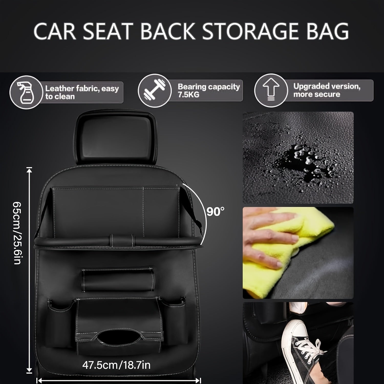 Car Backseat Storage Bag, Eco-friendly, Waterproof And Scratch-resistant, Multi-functional 9 Storage Pockets With Tablet Stand, Table Tray Folding, Seat Back Protection Pad, Strong Load Bearing Capacity - PU Leather