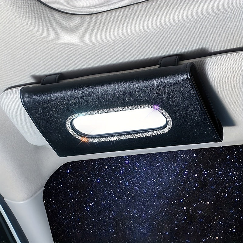 Universal Fit Luxury PU Leather Car Visor Tissue Holder with Sparkling Crystal Rhinestone Design, Auto Vehicle Napkin Dispenser Accessory