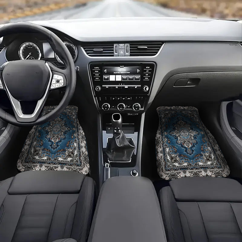 4pcs Moroccan Vintage Car Floor Mats - Stylish & Durable, Front & Rear Seat Protection, All-Vehicle Compatible, Blue and Beige Patterned, Woven Texture, Enhances Interior Decor, Vehicle Interior Decor|Vintage Car Accessories|