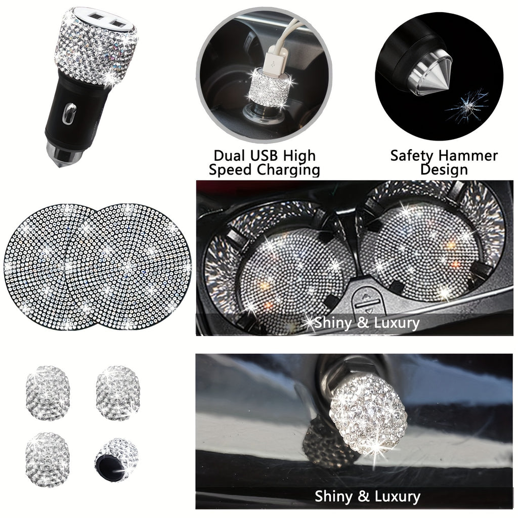 30pcs Bling Car Accessories Set for Women, Steering Wheel Covers Universal Fit 15 Inch, Seat Belt Covers, Armrest Cover, Gear Shift Covers