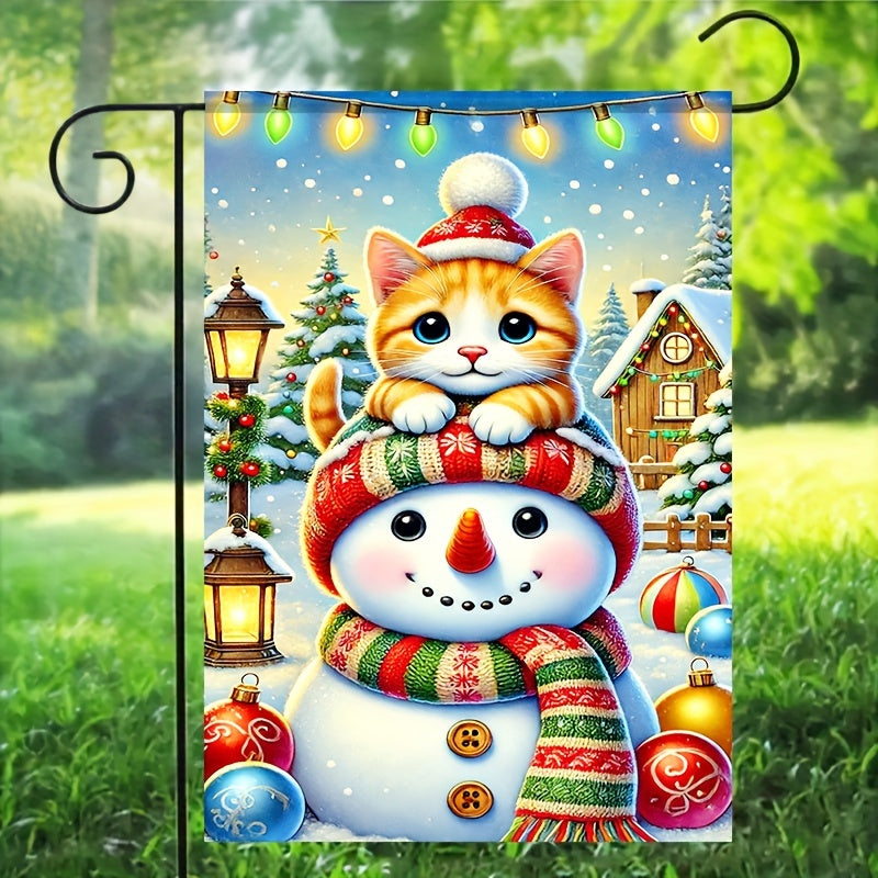 1PC Polyester Garden Flag - Cute Cat & Snowman Winter Christmas Decor - Pet Lovers Holiday Yard Display - Double-Sided Seasonal Outdoor Flag 12x18 Inch - Eco-Friendly, Durable for Home, Lawn, Farmhouse & Event Decorating - No