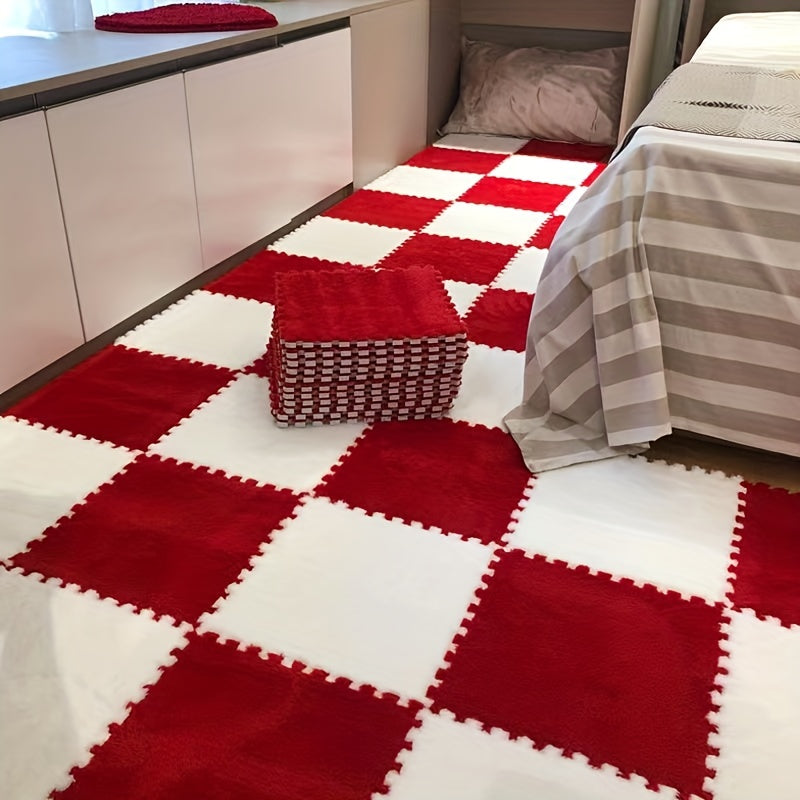 24pcs Soft Blue & Gray Plush Interlocking Floor Mats - Washable EVA & Polyester, Perfect for Living Room, Bedroom, or Game Room Decor