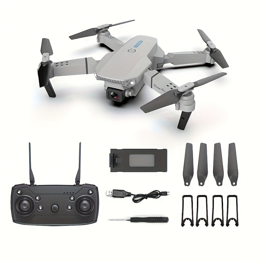 Intelligent aerial drone E88 single camera with dual batteries and replacement blades, equipped with protective frame and quadcopter, wireless connection, mobile phone remote control of unmanned aerial vehicle, aerial camera,
