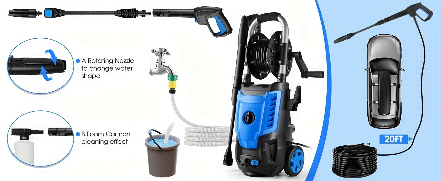 Power Washer, H4800 Pressure Washer 1800W Electric High Pressure Washer Professional Car Washer Cleaner Machine With With All-in-one Adjustable Nozzle & Hose For Patio Garden Yard Vehicle