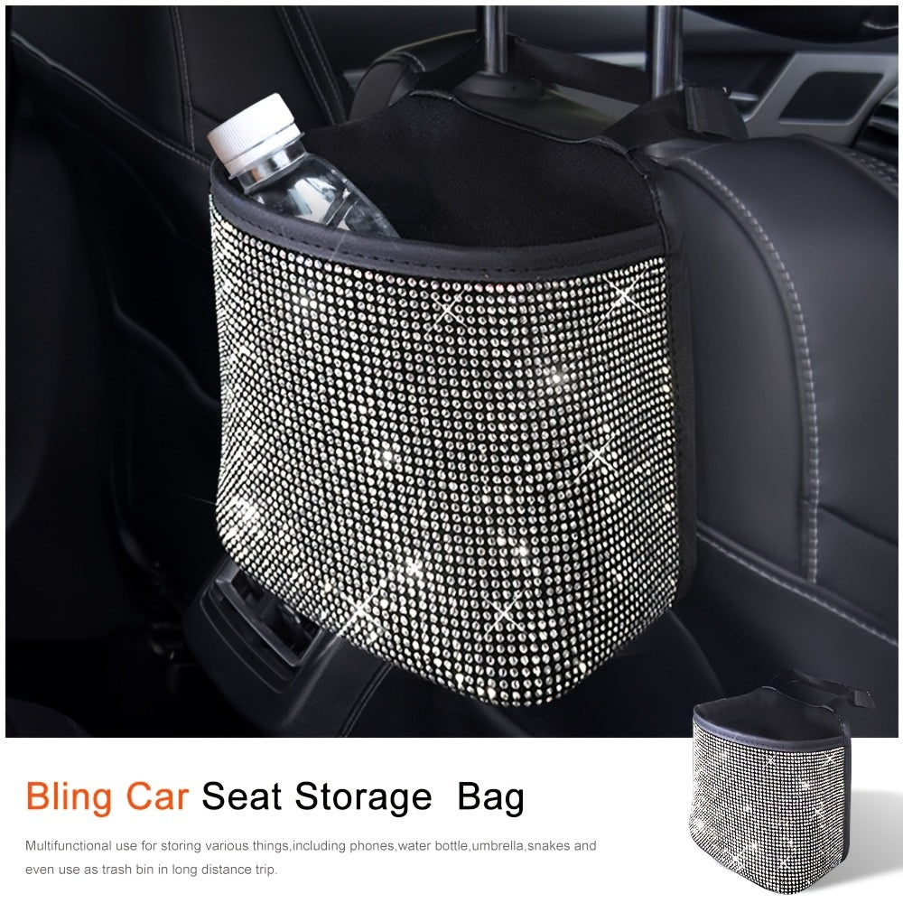 1pc Bling Car Seat Back Hanging Storage Bag - White Rhinestones Seat Back Storage Pocket - For Car Organization & Trash Disposal - Suitable for All Car Models - Perfect Gift for Car Enthusiasts