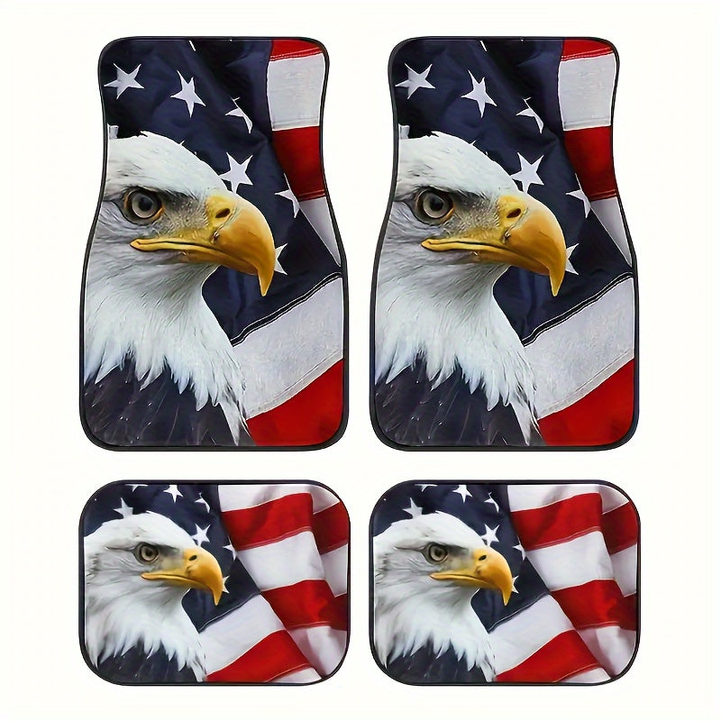 4-Piece Universal Fit Eagle & American Flag Car Floor Mats Set - Durable, Absorbent, Non-Slip, Washable Polyester Mats for Cars, SUVs, Trucks, and Vans - All-Season Protection
