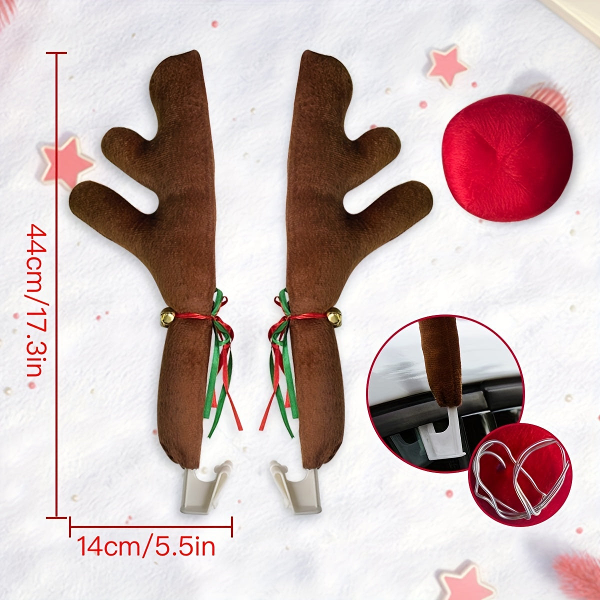 Rudolph Reindeer Christmas Costume Kit - Car Window Roof-Top & Grille Antlers & Nose with Jingle Bell - Auto Accessories Decoration