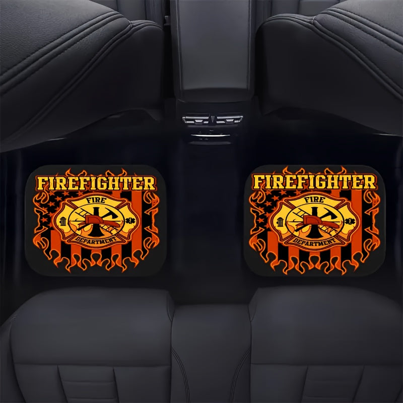 [Firefighter Theme Car Mats] 4pcs Firefighter Theme Printed Universal Car Floor Mats - Suitable for SUV, Truck, Cars | All-Weather Polyester Pads | Ideal Gift, Vehicle Floor Mats