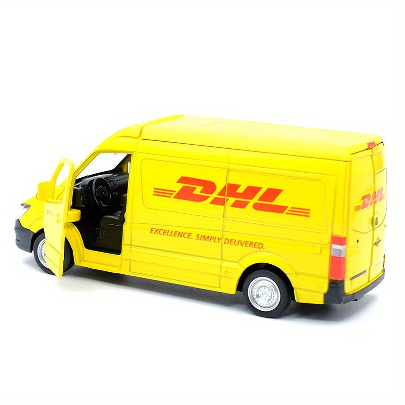 MAKEDA 1:36 Scale DHL Mercedes-Benz Delivery Vehicle Replica, Wind Powered, Weather Resistant, Pull-Back Action, Zinc Alloy Model, Suitable for Ages 3-6, Toy Collection and Gift for Boys