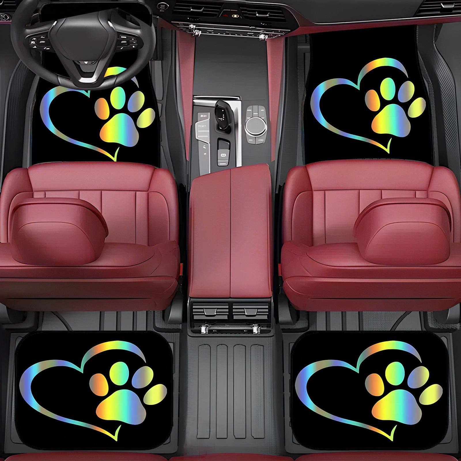 4pcs set of universal love dog paw-themed car floor mats, anti-slip, anti-stain and easy to clean, highly suitable for protecting the interior carpet and upholstery of the vehicle.