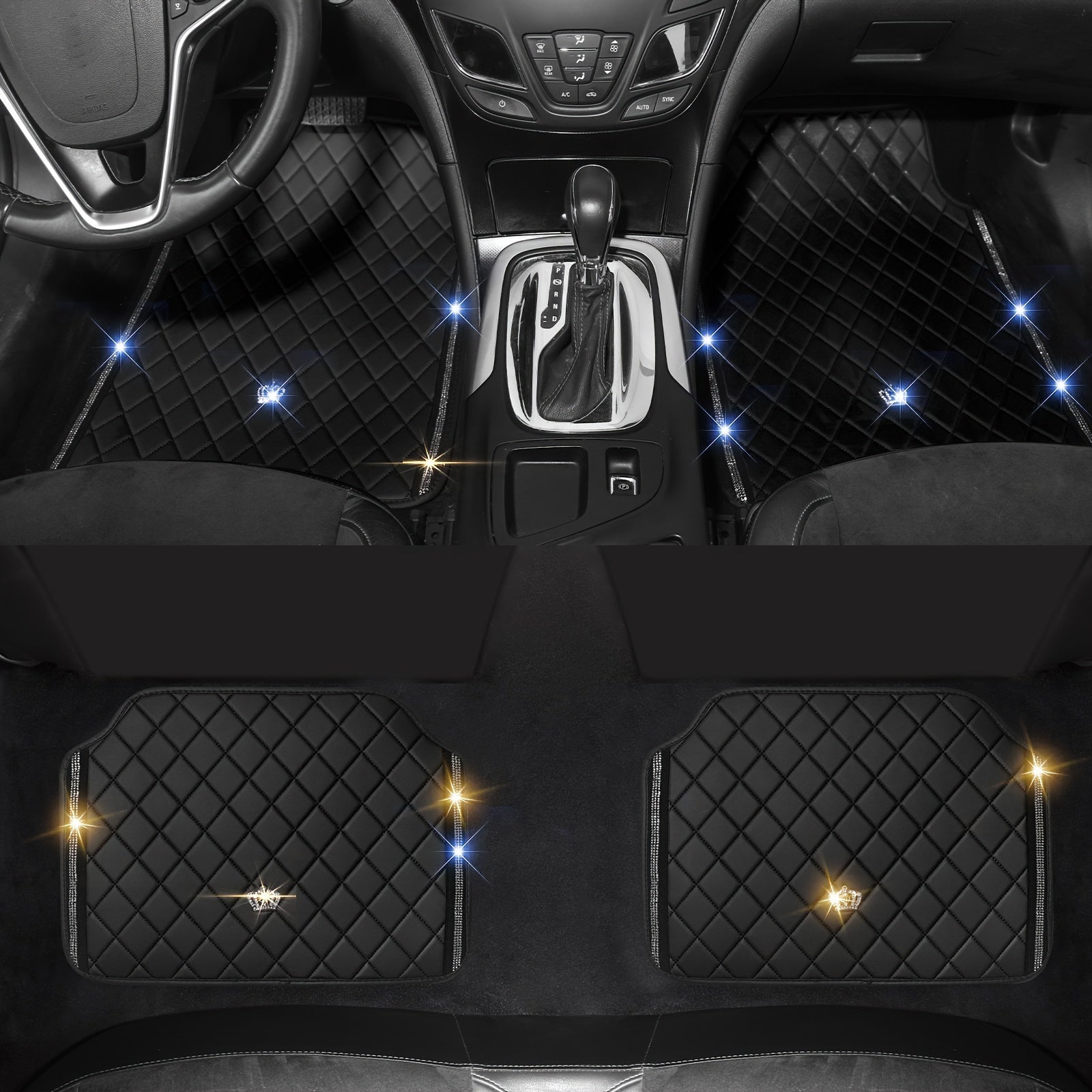 High-Quality PU Materials Car Floor Mats with Bling Crown Symbol, Full Set for SUV, 4x4 Truck, Minivan, for JEEP for Wrangler XL, Luxurious Design, Red Or Black