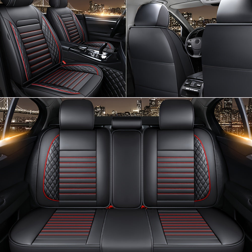 5-Seat Universal Fit Luxury Faux Leather Car Seat Cover Set - Waterproof, All-Season, Sponge Filled, PU Leather Surface, Front and Rear Cushion Protector for Sedan, Pickup, Trucks, Hatchbacks, SUVs, and Crossovers