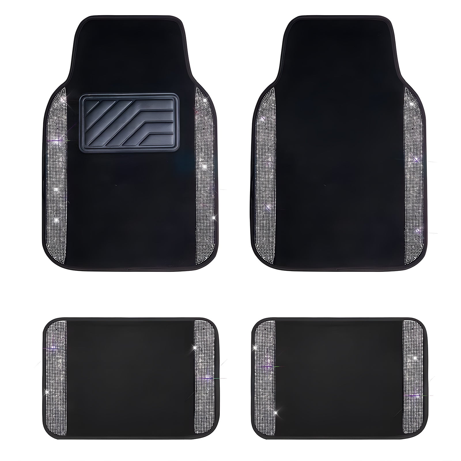 Car Floor Mats Shining Rhinestones Carpet, Bling Crystal Diamond Sparkly Glitter Car Floor Mats with Anti-Slip PVC Heel Pad Automotive Universal for SUV, Sedan, Car, Van, 4pcs for Girl Women