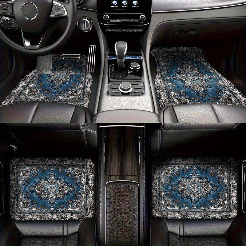 4pcs Moroccan Vintage Car Floor Mats - Stylish & Durable, Front & Rear Seat Protection, All-Vehicle Compatible, Blue and Beige Patterned, Woven Texture, Enhances Interior Decor, Vehicle Interior Decor|Vintage Car Accessories|