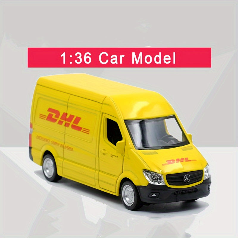 MAKEDA 1:36 Scale DHL Mercedes-Benz Delivery Vehicle Replica, Wind Powered, Weather Resistant, Pull-Back Action, Zinc Alloy Model, Suitable for Ages 3-6, Toy Collection and Gift for Boys