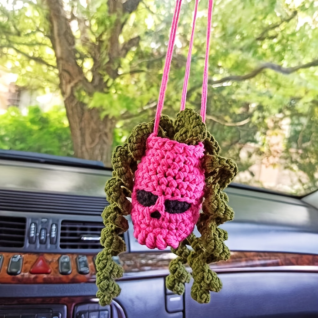 Handmade Crochet Cool Car Rearview Mirror Pendant Halloween Skull Head Hanging Ornament Car Interior Room Decorations Holiday Gift