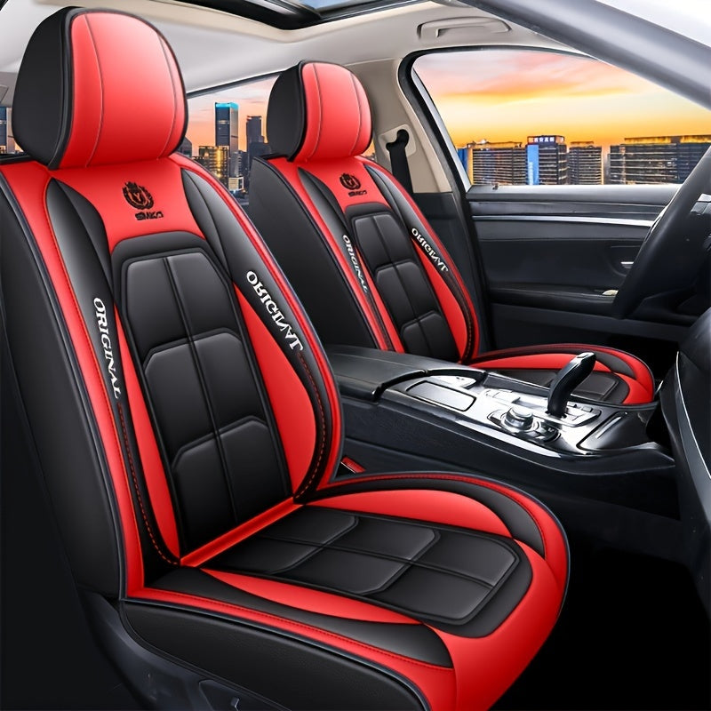 1pc PU Leather Car Seat Cover - Red & Black Design, Front Seat Protector for Sedan or SUV, Durable All-Season Cushion Mat with "Original" Print, Hand Wash or Dry Clean Only, Car Seat Protection | Modern Seat Cover | PU Leathe