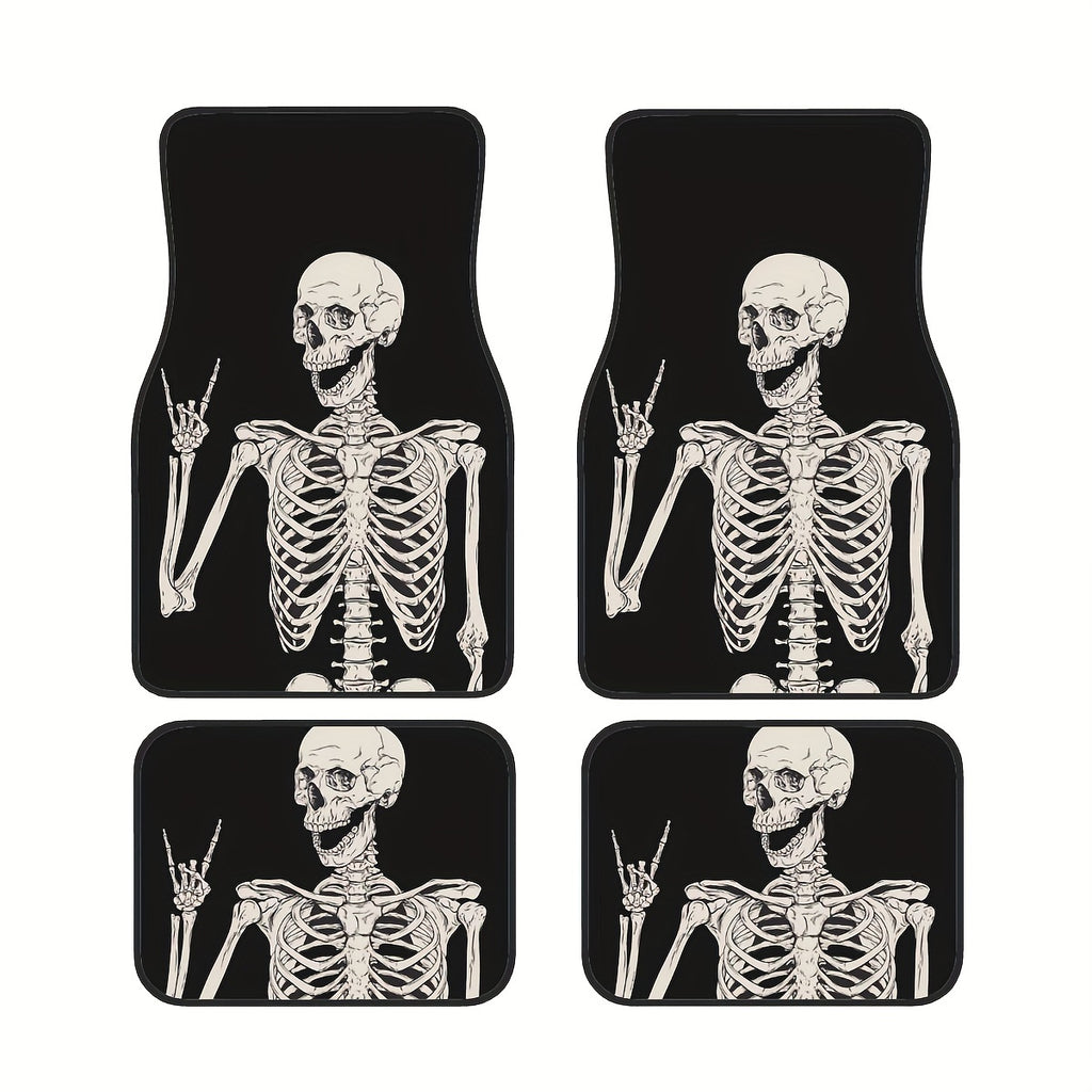 4PCS Set of Waterproof, Easy-Clean, Non-Slip Halloween Skull-Themed Rubber Car Floor Mats for Front & Rear, Universal Fit for All Vehicles