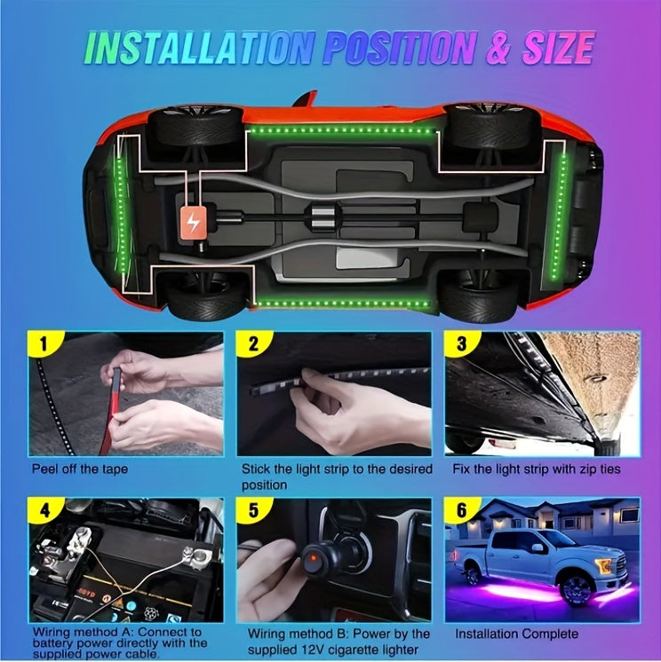 Wireless 4PCS RGB Car Underglow Lighting Kit - Music Sync, Durable Build, Remote Control for Vehicle Ambiance Enhancement