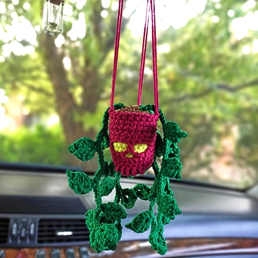 Handmade Crochet Cool Car Rearview Mirror Pendant Halloween Skull Head Hanging Ornament Car Interior Room Decorations Holiday Gift