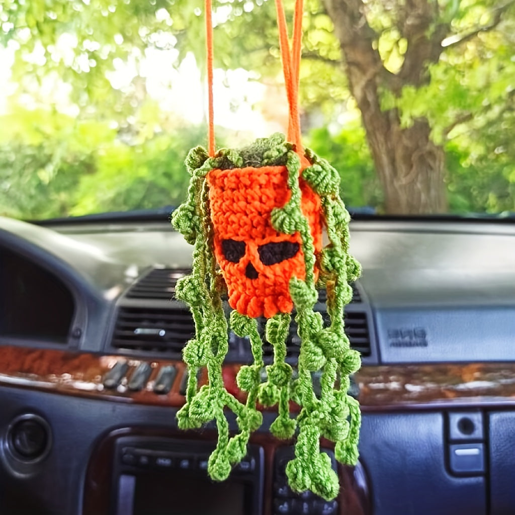 Handmade Crochet Cool Car Rearview Mirror Pendant Halloween Skull Head Hanging Ornament Car Interior Room Decorations Holiday Gift