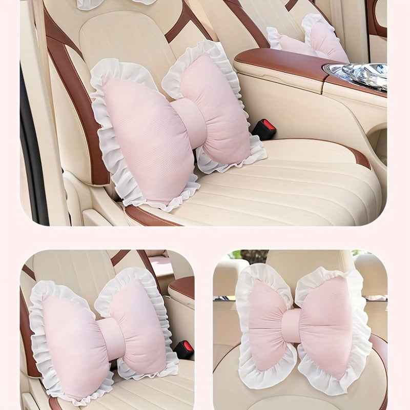 1 Set Creative Butterfly Lace Edge Car Headrest and Lumbar Support Cushion - Breathable Polyester Fiber Neck Pillow and Seat Back Pillow for All Seasons, Comfortable Vehicle Accessories