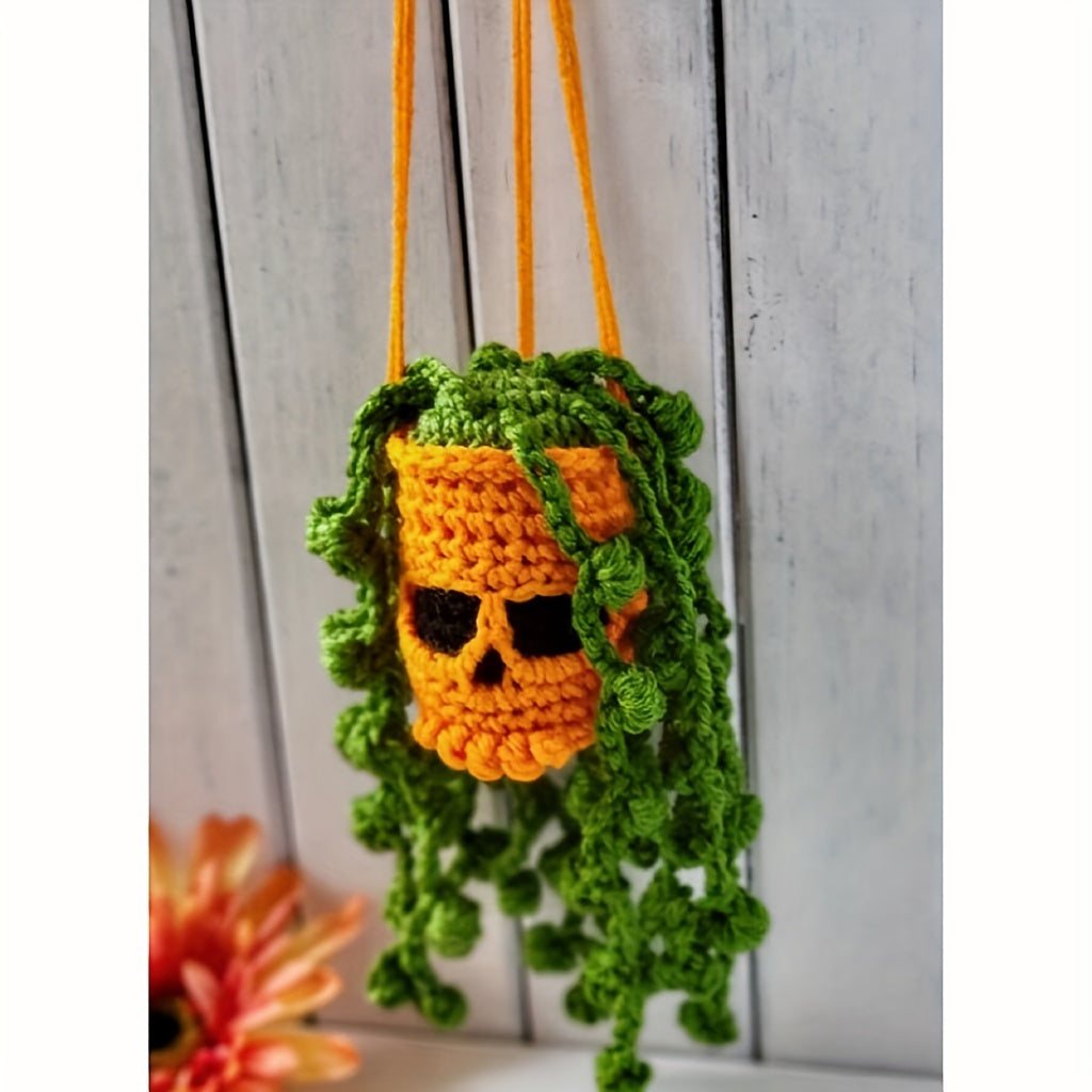 Handmade Crochet Cool Car Rearview Mirror Pendant Halloween Skull Head Hanging Ornament Car Interior Room Decorations Holiday Gift
