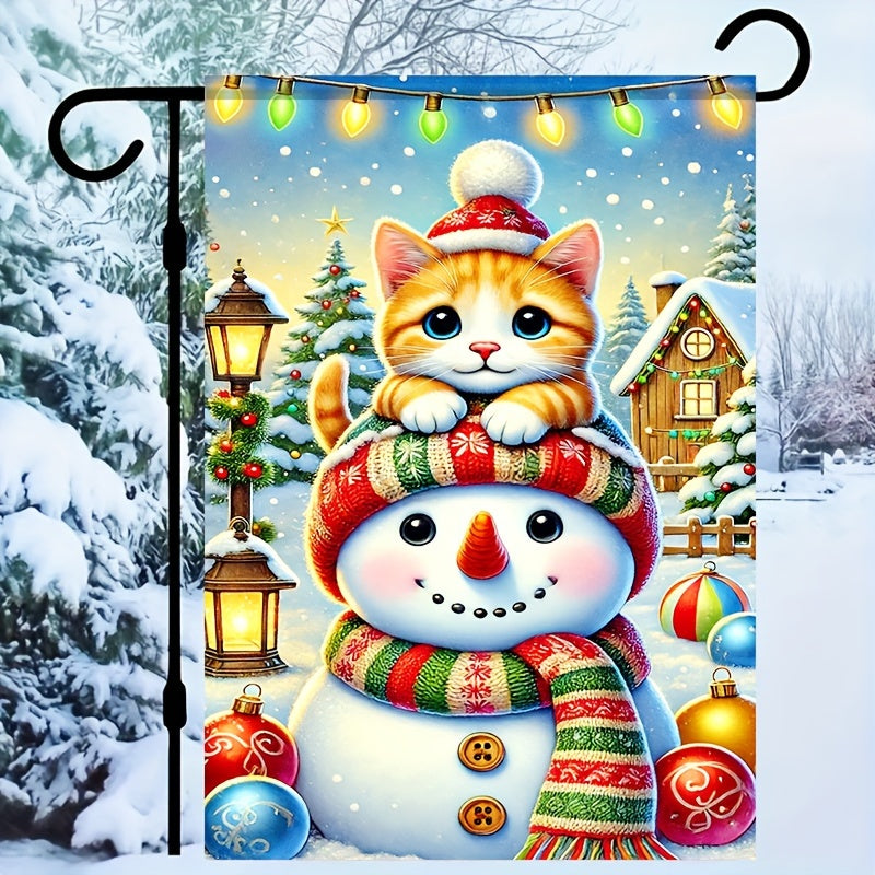 1PC Polyester Garden Flag - Cute Cat & Snowman Winter Christmas Decor - Pet Lovers Holiday Yard Display - Double-Sided Seasonal Outdoor Flag 12x18 Inch - Eco-Friendly, Durable for Home, Lawn, Farmhouse & Event Decorating - No