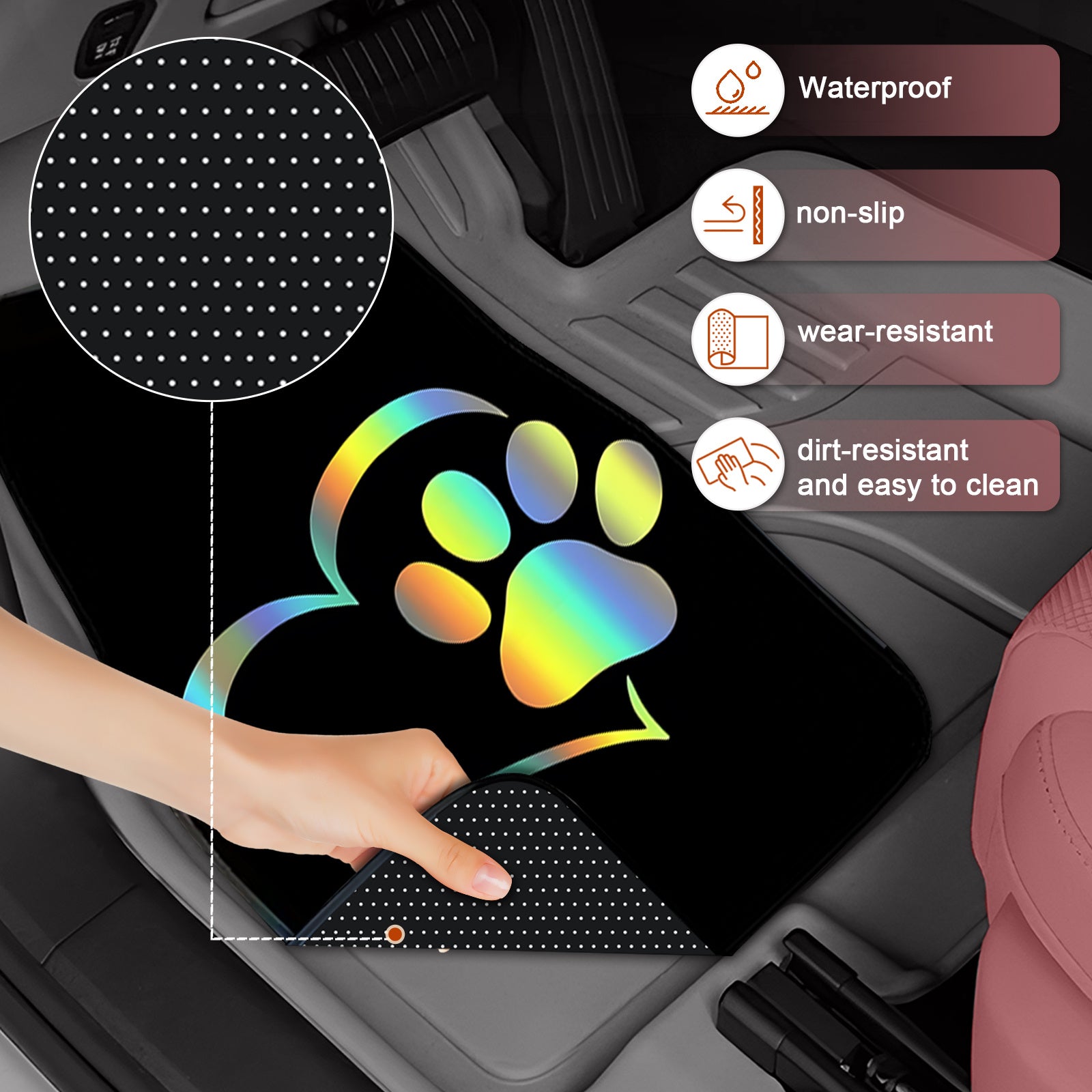 4pcs set of universal love dog paw-themed car floor mats, anti-slip, anti-stain and easy to clean, highly suitable for protecting the interior carpet and upholstery of the vehicle.