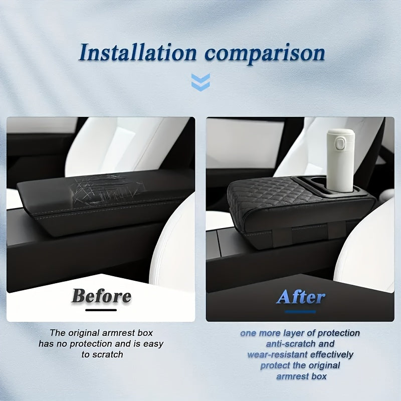 Memory Foam Car Armrest Pillow with Cup & Phone Holder - Luxury Faux Leather Center Console Cushion for Enhanced Comfort, Fits Most Vehicles Car Seat Cushion Car Seat Pillow