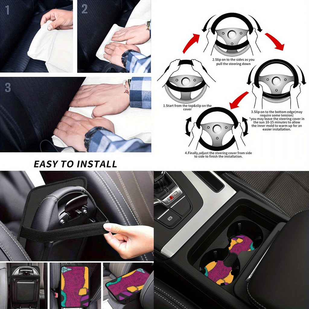6-Piece Complete Car Decoration Kit - Soft Polyester Steering Wheel Cover, Center Console Pad, Cup Holder Coasters, and More - No Filler, Durable, and Easy to Clean Nightmare Before Christmas Accessories