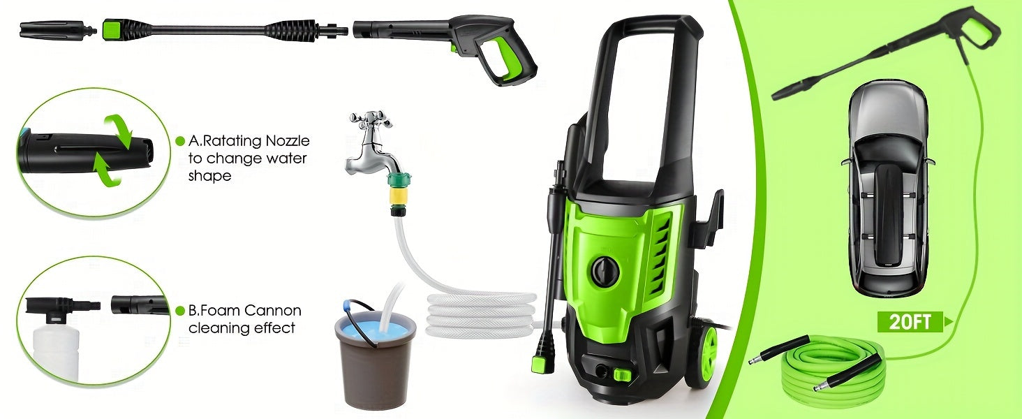 Power Washer, H4800 Pressure Washer 1800W Electric High Pressure Washer Professional Car Washer Cleaner Machine With With All-in-one Adjustable Nozzle & Hose For Patio Garden Yard Vehicle