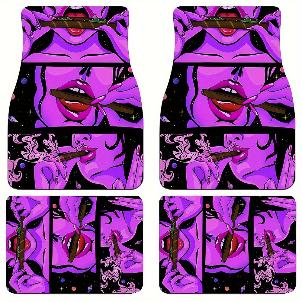 4pcs Cool Woman Pattern Flannel UV Black Light Car Floor Mats - Water-Absorbent, Non-Slip, Stain-Resistant, Reactive to UV Blacklight, Easy to Clean, and Protective Decoration for Most Car Front and Rear Seat Carpets