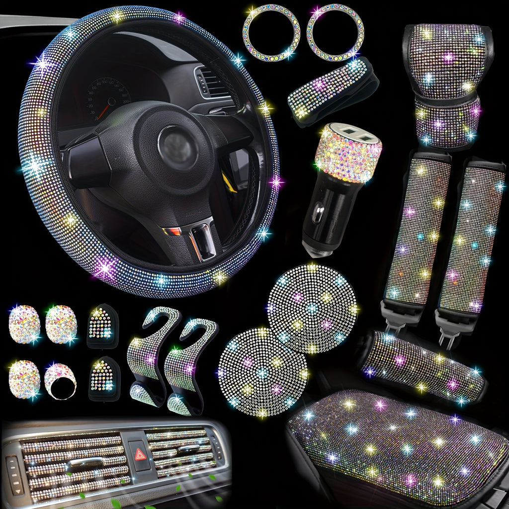 30pcs Bling Car Accessories Set for Women, Steering Wheel Covers Universal Fit 15 Inch, Seat Belt Covers, Armrest Cover, Gear Shift Covers