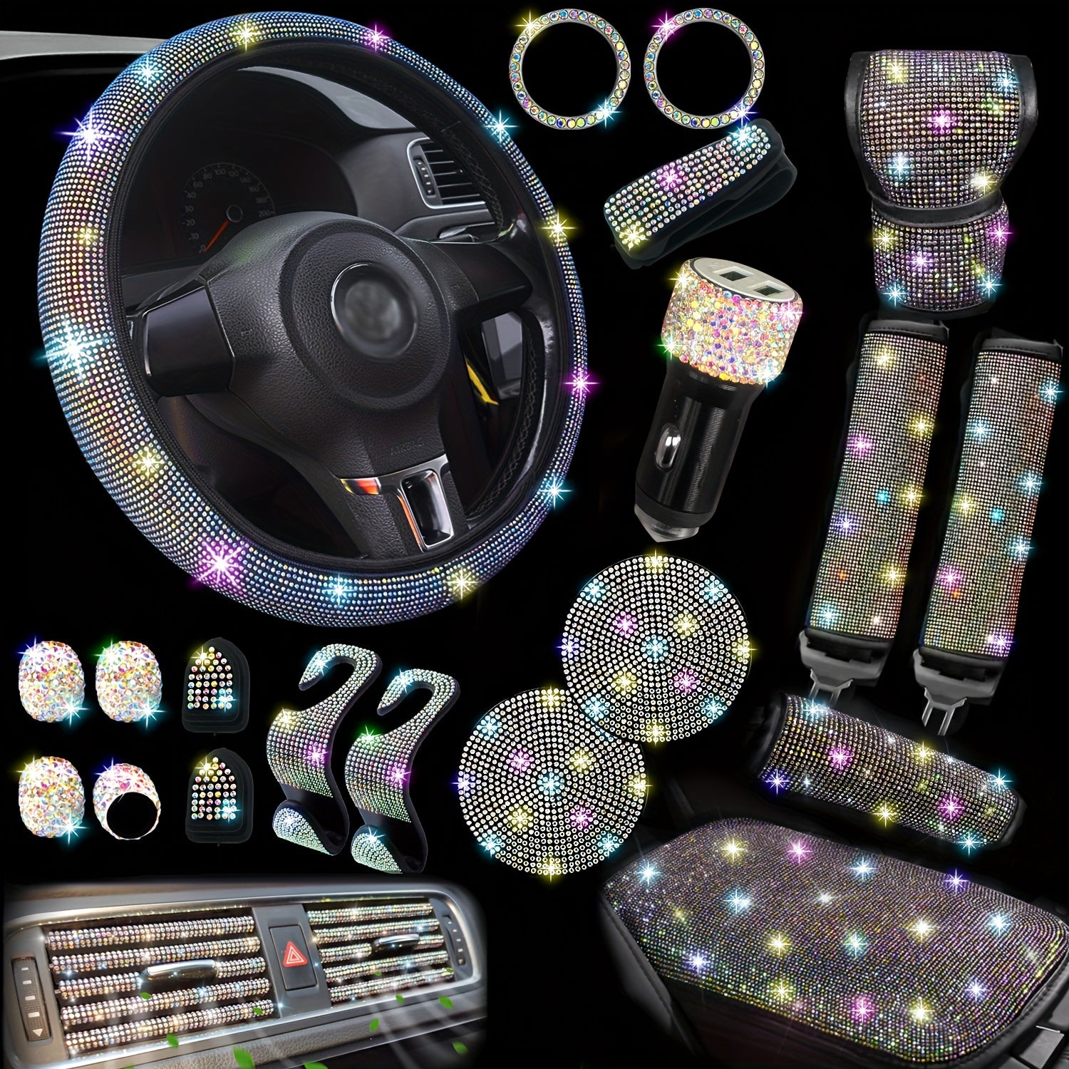 30pcs Bling Car Accessories Set for Women, Steering Wheel Covers Universal Fit 15 Inch, Seat Belt Covers, Armrest Cover, Gear Shift Covers